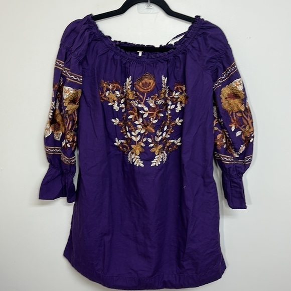 Free People Fleur Du Jour Embroidered Mini Peasant Dress Purple XS - Picture 2 of 5